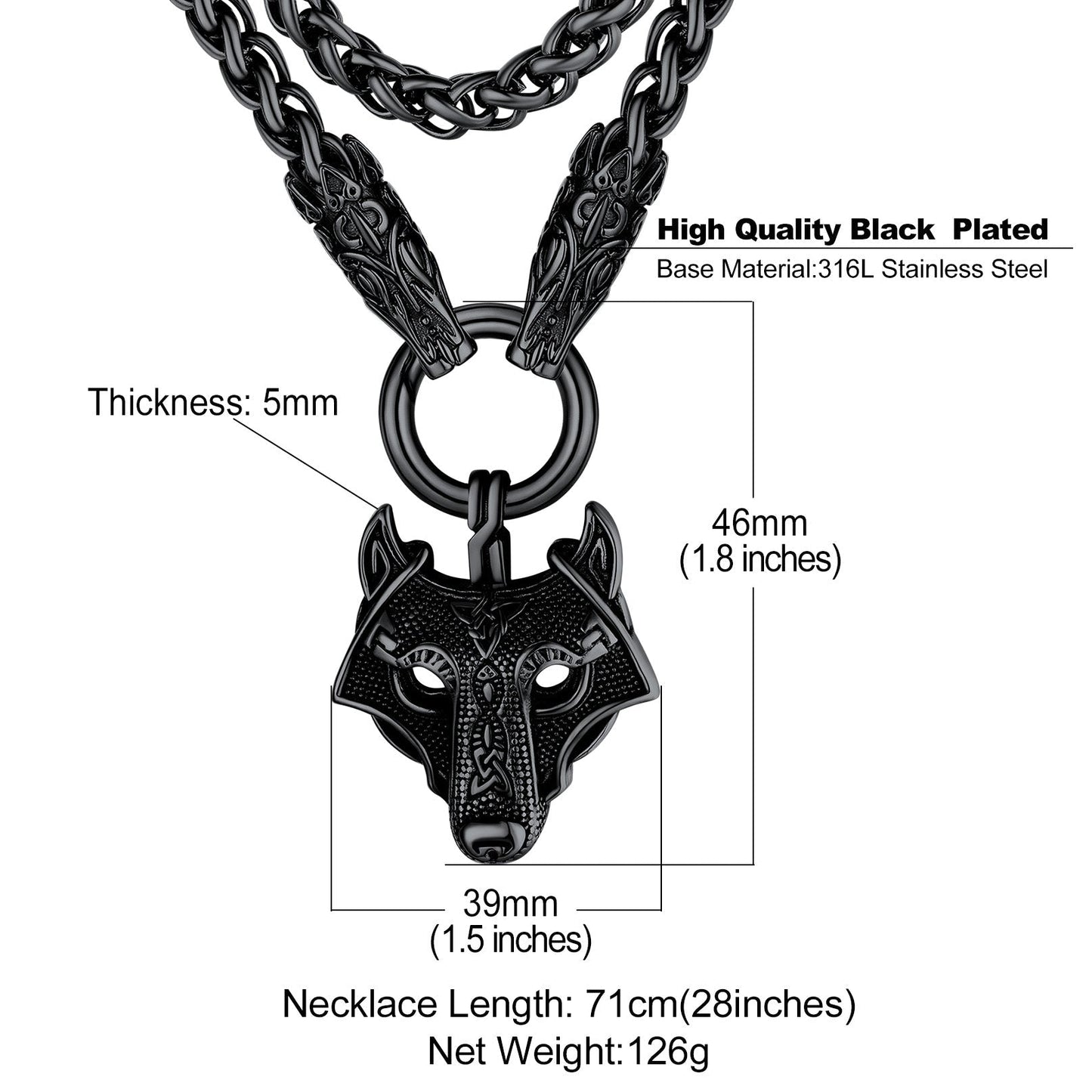 Viking Wolf Pendant Necklace With Wolf Rope Chain for