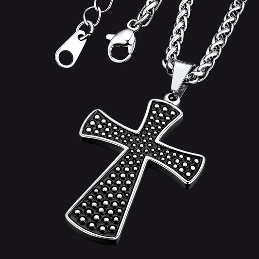 Thick Christ Simple Cross Necklace With Black Enamel Dotted