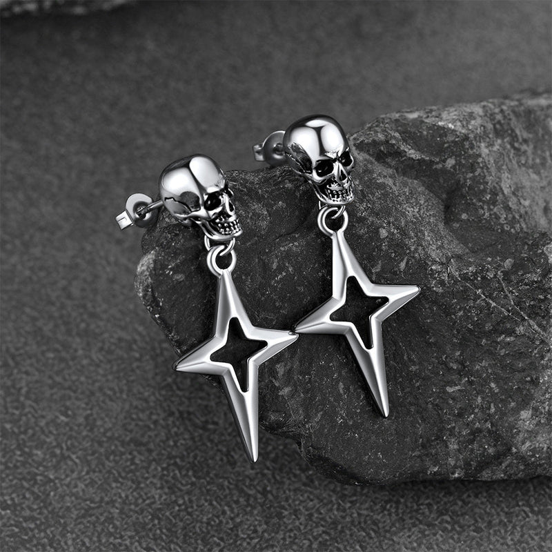 Flash Skull Dangle Stud Earrings With Cross Star for