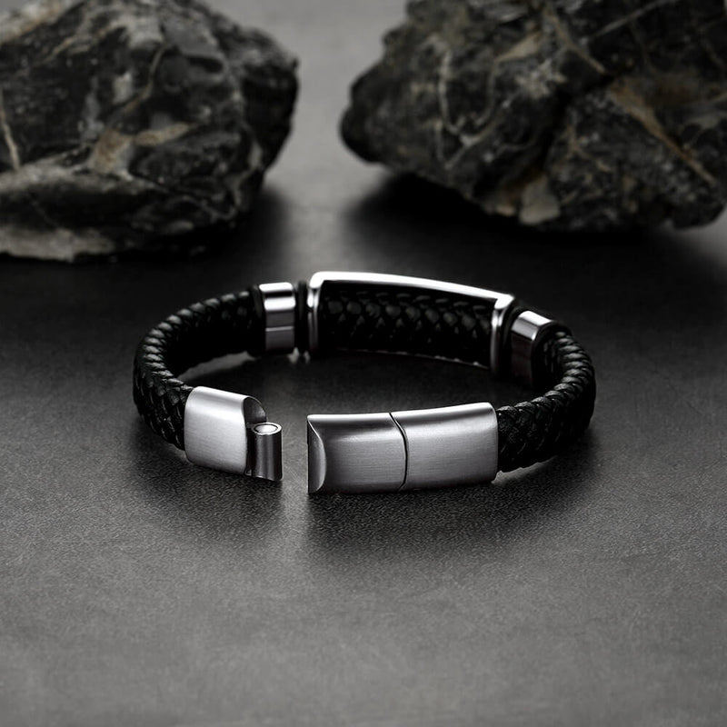 Custom Braided Black Engraved Leather Bracelet Cuff for