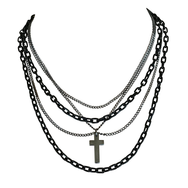 Multilayer Gothic 80s Retro Black and Gunmetal Chain Necklace With Cross