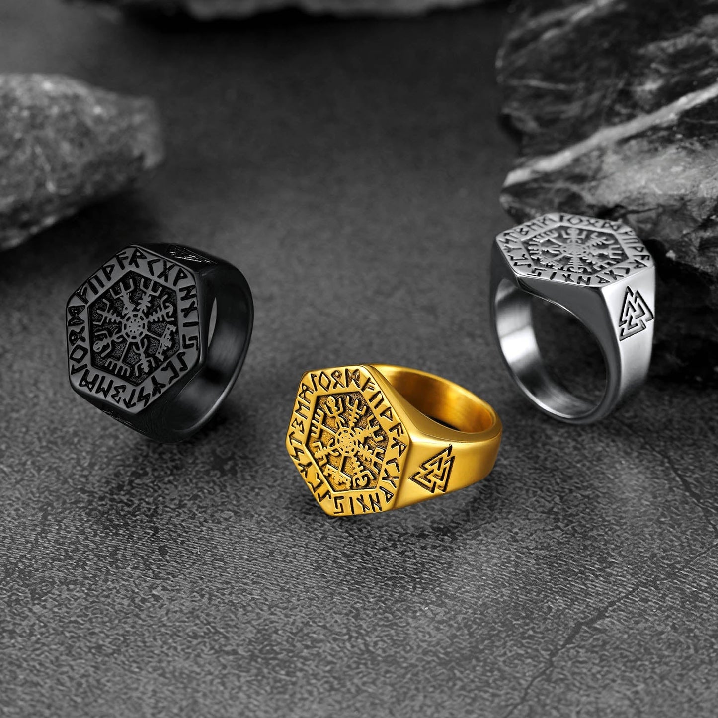 Viking Hexagon Compass Ring With Runes for