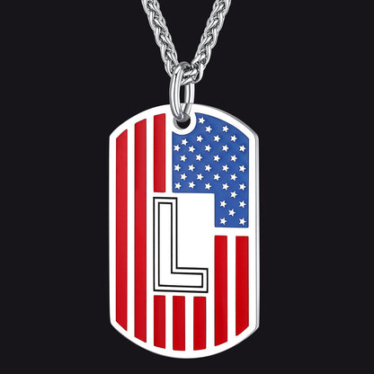 Patriotic American Flag Letter Initial Dog Tag Necklace 4th of July Pendant for