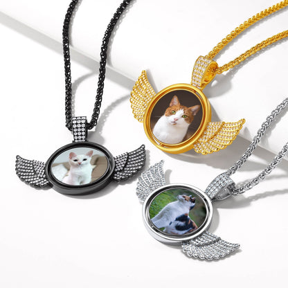 Custom Double-sided Picture Photo Circle Chain Necklace With Angel Wings for