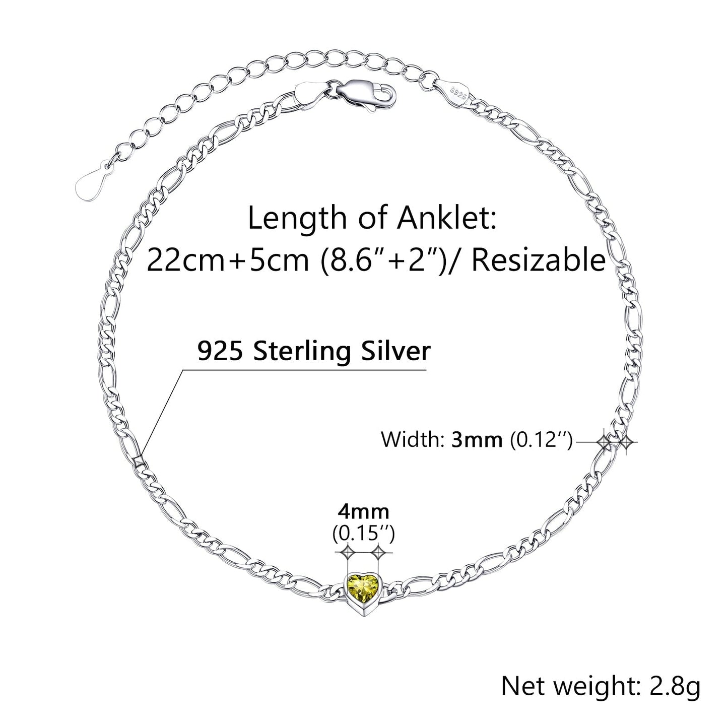 Personalized Sterling Silver Birthstone Dainty Heart Anklet for