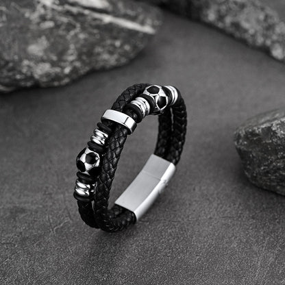 Punk Soccer Black Leather Braided Bracelet for