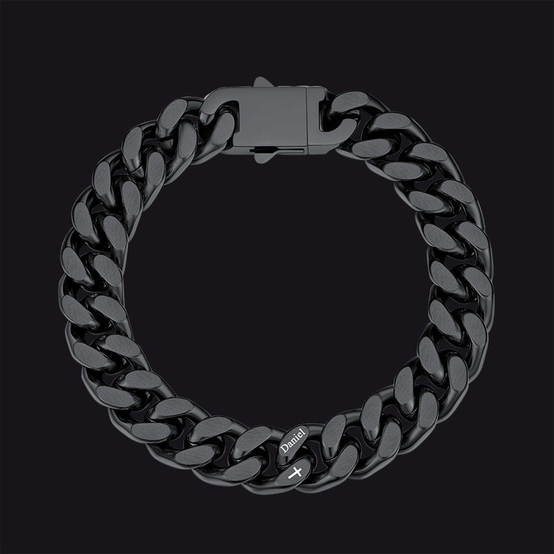Personalized Multi Names Cuban Chain Bracelet With Cross Gift for Him , 12mm Width