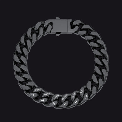 Personalized Multi Names Cuban Chain Bracelet With Cross Gift for Him , 12mm Width