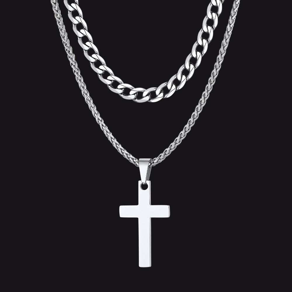 Cuban Chain & Cross Pendant Layered Necklaces Set for
