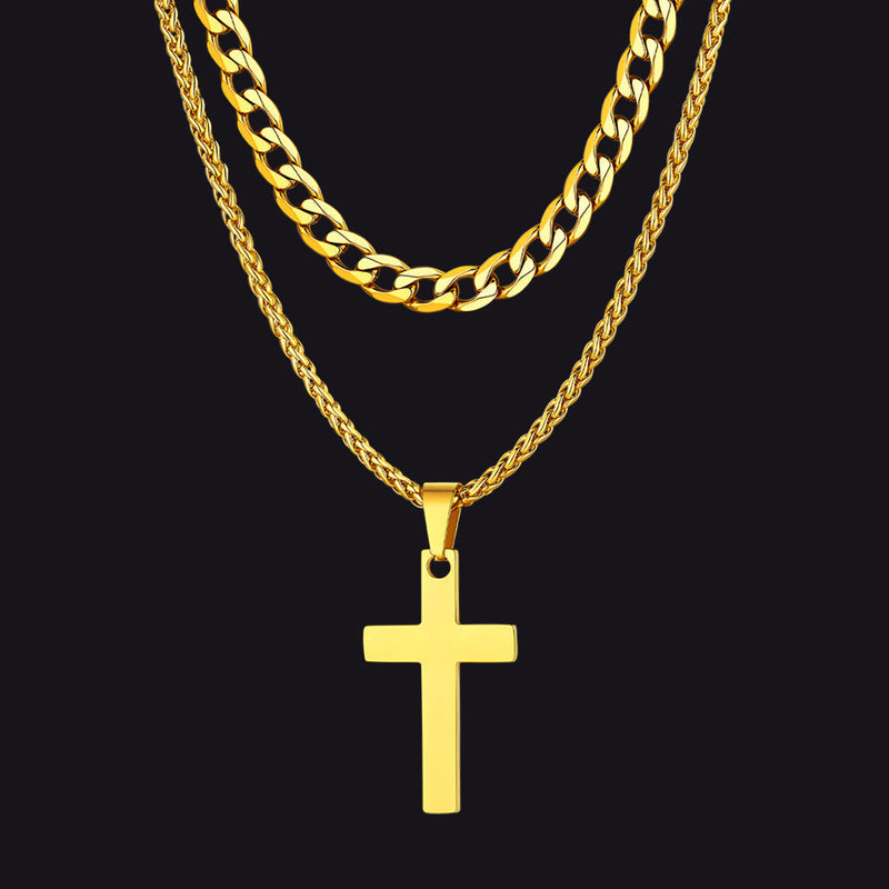 Cuban Chain & Cross Pendant Layered Necklaces Set for