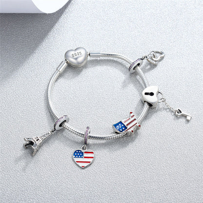 Cubic Zirconia American Flag Charm Beads Fit Bracelet Necklaces