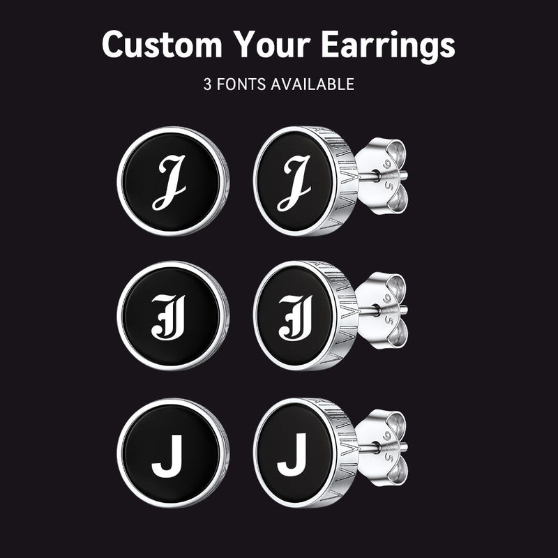 Engraved Roman Numerals Black Onyx Stud Earrings for