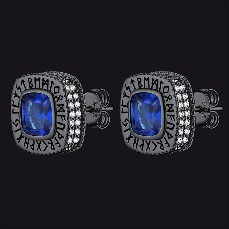 Cushion Cut Diamond Stud Earrings With Viking Runes in Sterling Silver