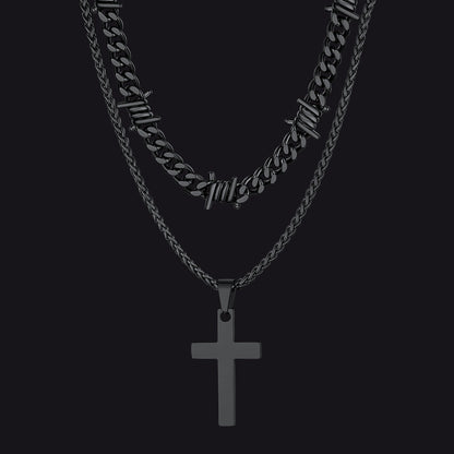 Barbed Wire Cuban Chain & Cross Layered Necklaces Set for