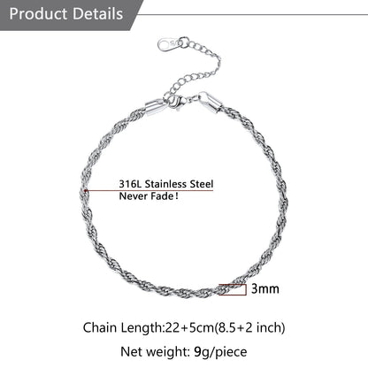 Stainless Steel Twisted Rope Chain Ankle Bracelet for Gift for Mom