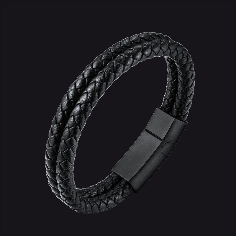 Engraved Custom Double Black Braided Leather Bracelet Cuff for Son