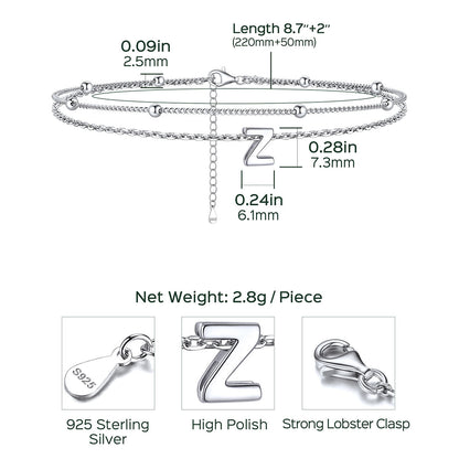 925 Sterling Silver Bead Chain Layered Initial Anklets for Girlfriend Gift