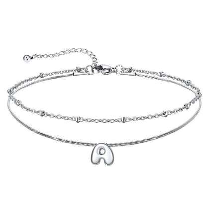 Layered Chain With Beads Bubble Initial Anklets for Mom Gift