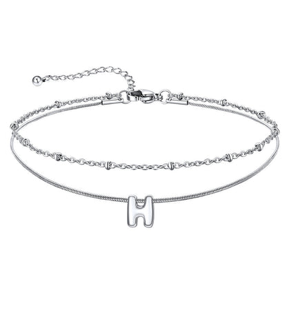 Layered Chain With Beads Bubble Initial Anklets for Mom Gift