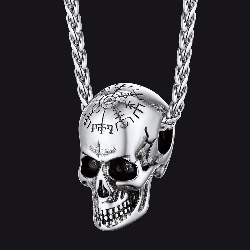 Nordic Viking Compass Skull Pendant Necklace for