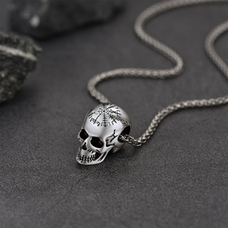 Nordic Viking Compass Skull Pendant Necklace for
