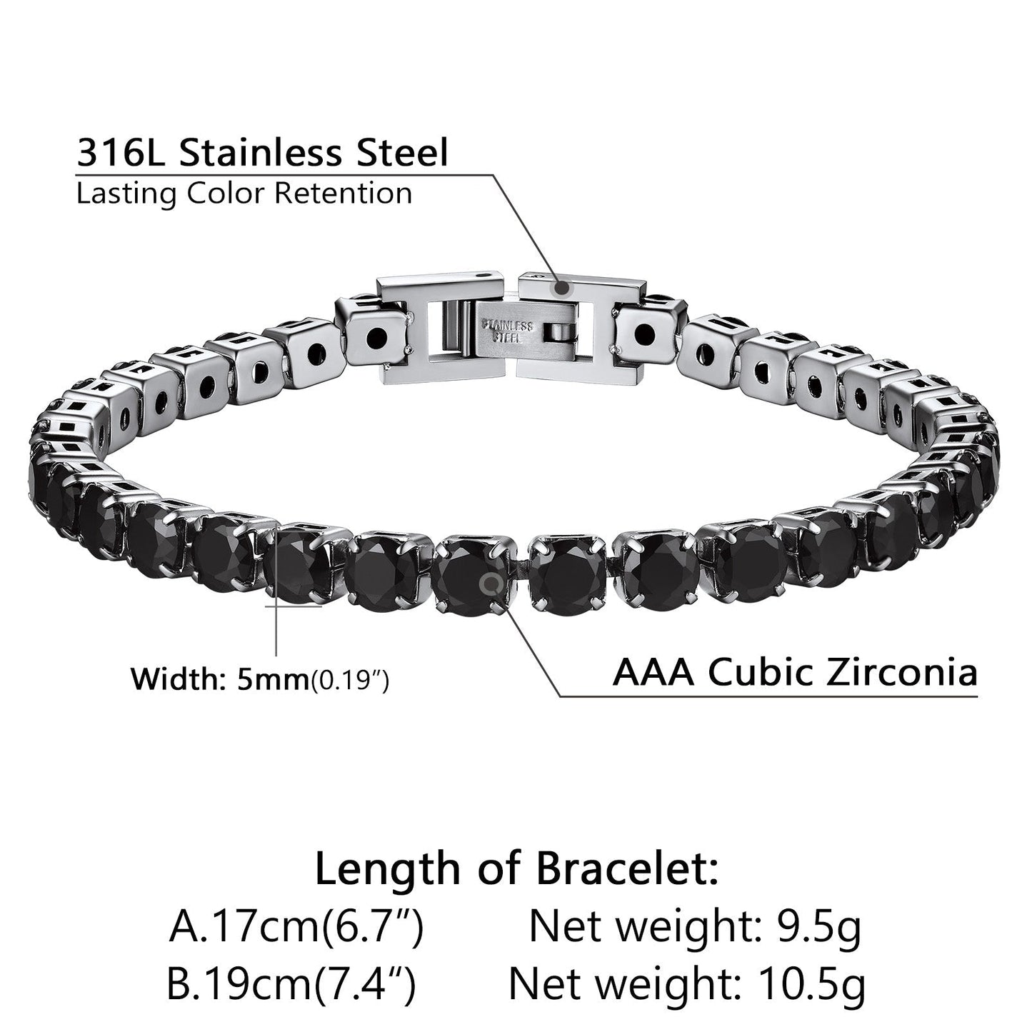 Cz Black Diamond Cut Tennis Chain Bracelet for , 3/5mm Width