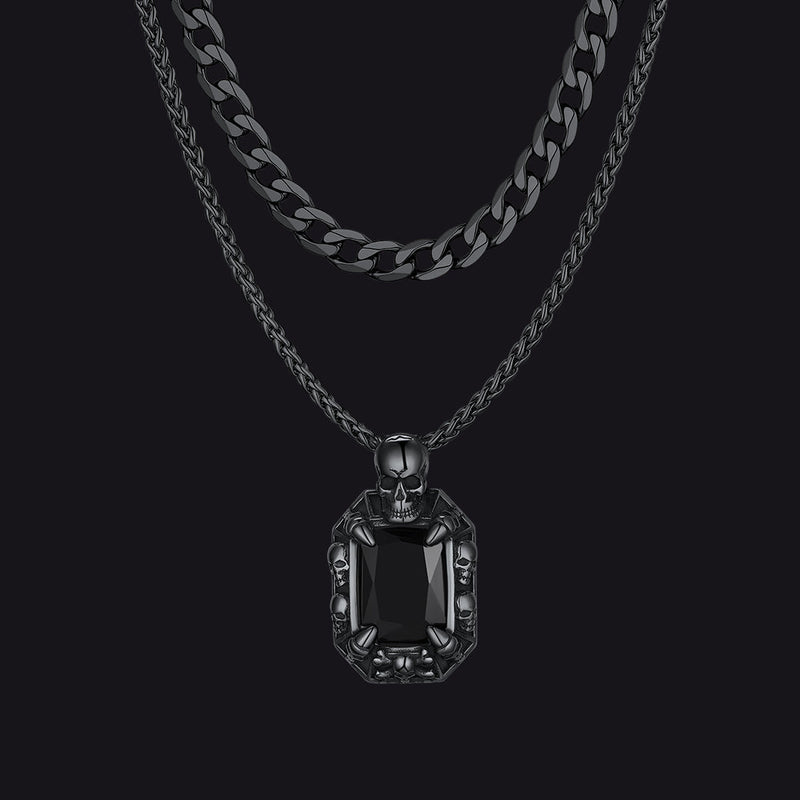 Cuban Curb Chain & Skull Crystal Layered Necklaces Set for