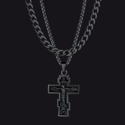 Cuban Chain & Russian Orthodox Cross Pendant Necklace Set for Father