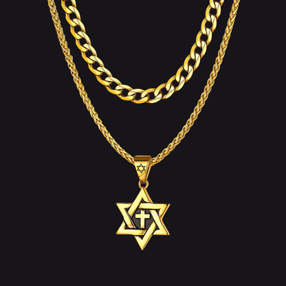Curb Chain & Star of David With Cross Layered Necklaces Set for