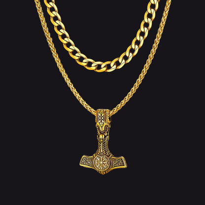 Cuban Curb Chain & Thor's Hammer Layered Necklaces Set for