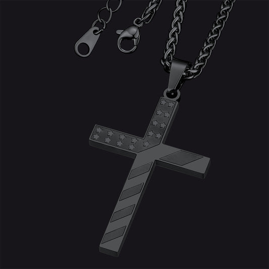 Patriotic American Flag Cross Pendant Necklace for