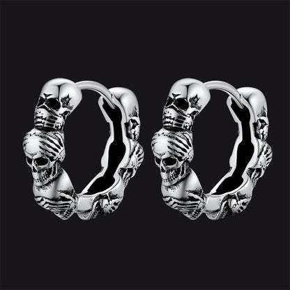 Sterling Silver Skulls Hoop Huugie Earrings for