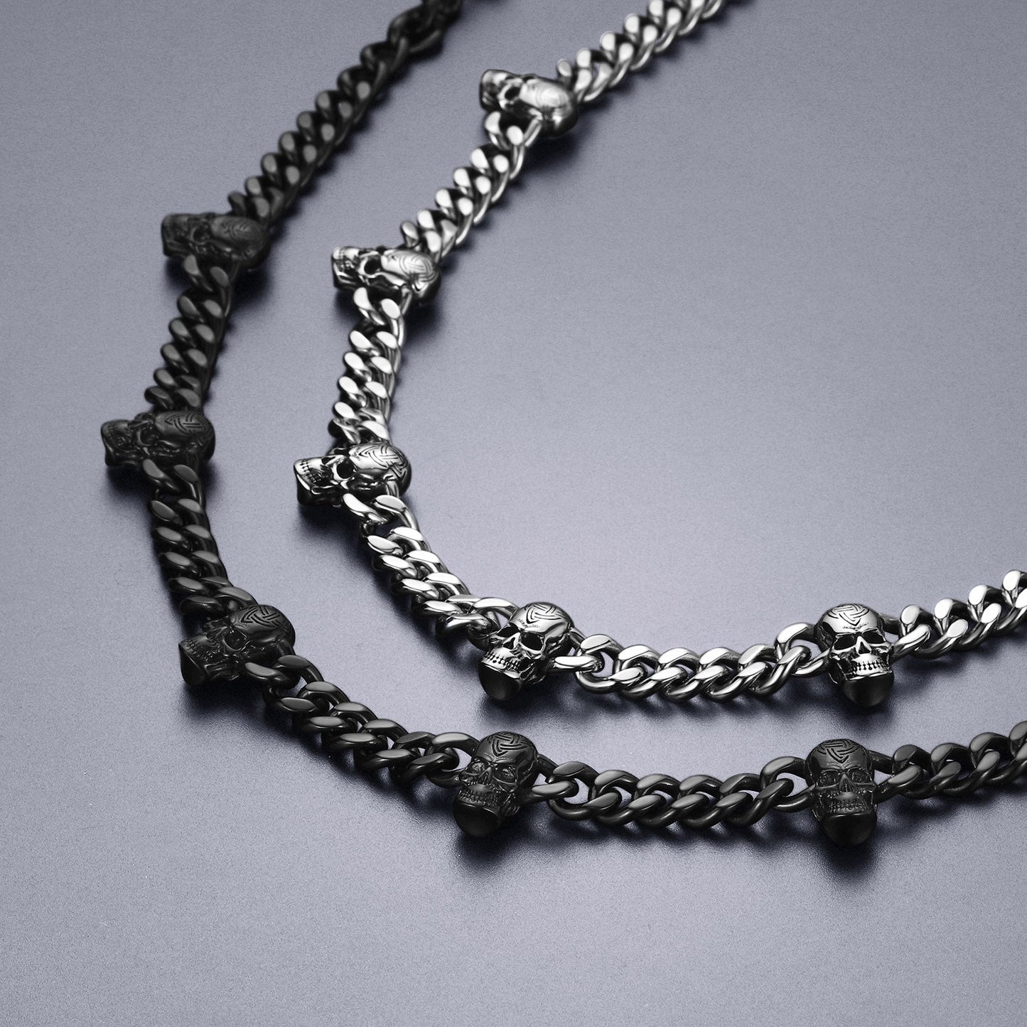 Gothic Skull Cuban Chain & Cornicello Italian Horn Layered Pendant Set for