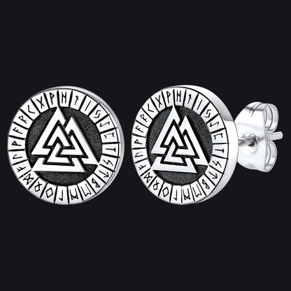 Viking Valknut Black Stud Earrings for With Runes