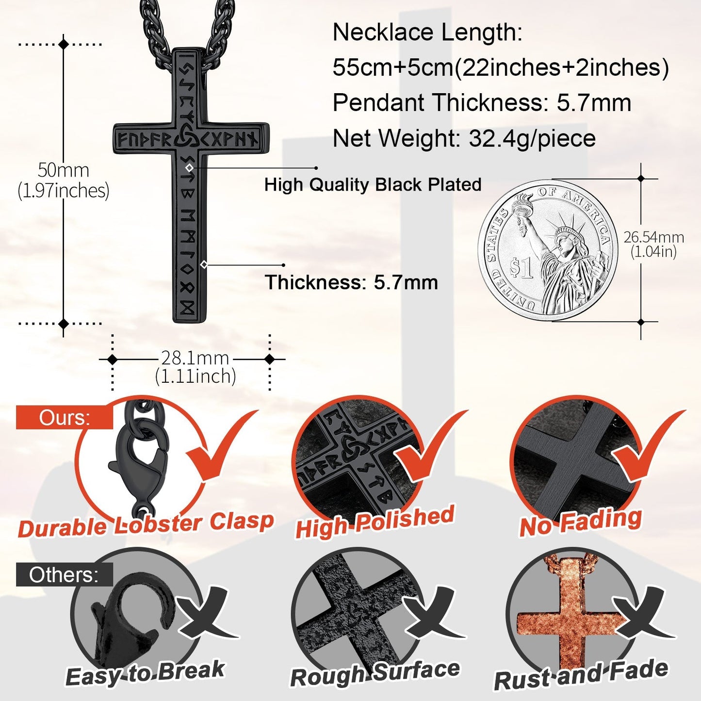 Viking Rune Cross Pendant Necklace for
