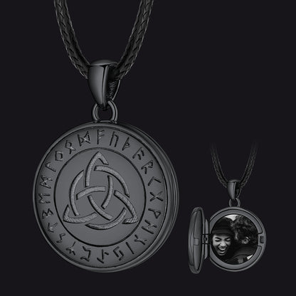 Custom Celtic Knot Photo Locket Necklace With Leather Chain for
