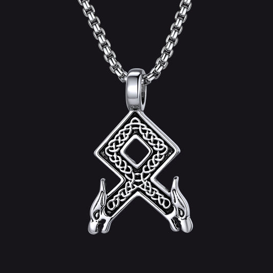 Viking Othala Rune Wolf Heads Pendant Necklace for