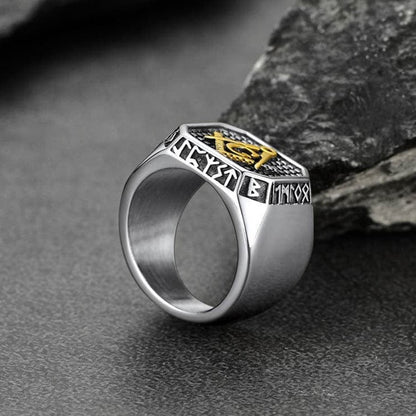 Square Masonic Signet Ring With Runes for
