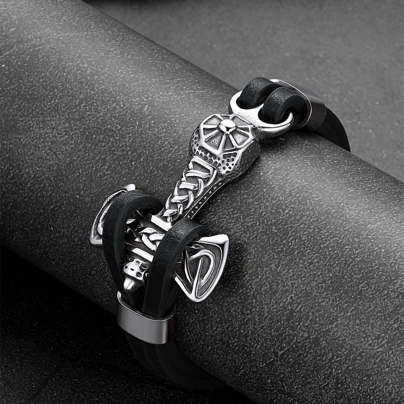 Viking Mjolnir Thor's Hammer Leather Bracelet for