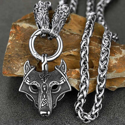 Viking Wolf Pendant Necklace With Wolf Rope Chain for