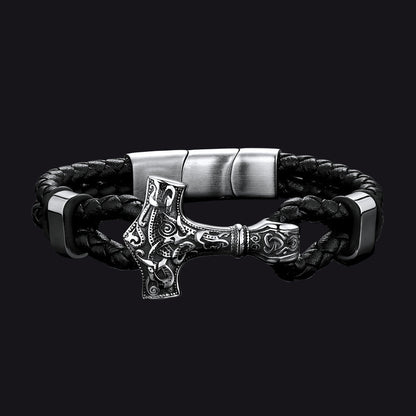 Viking Black Engraved Leather Braided Wristband Bracelet for