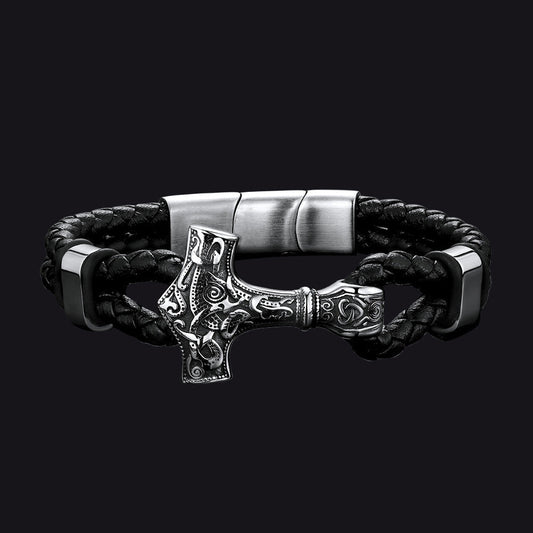 Viking Thor's Hammer Mjolnir Braided Leather Bracelet Gift for