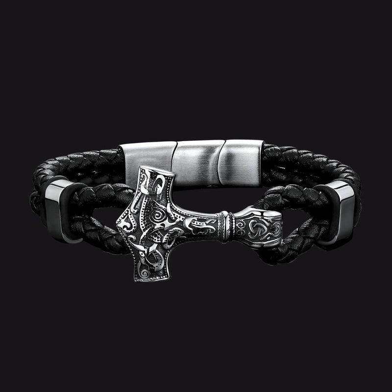 Viking Black Engraved Leather Braided Wristband Bracelet for