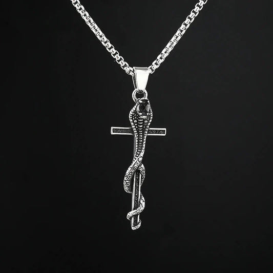 Cobra Snake Entwined Cross Pendant