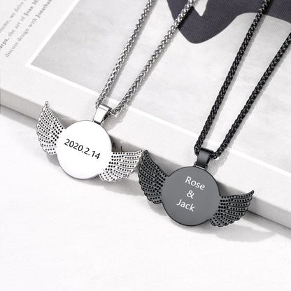 Customized Picture Circle Chain Necklace With Angel Wing Memorial Gift for