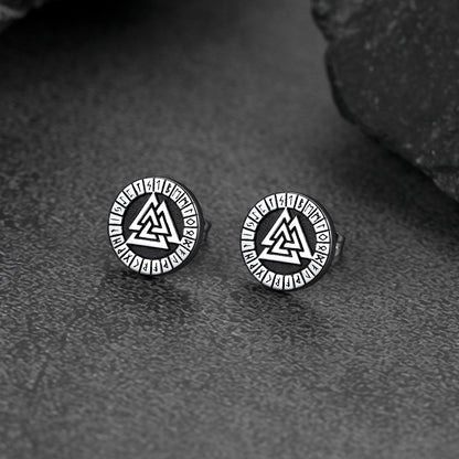 Viking Valknut Black Stud Earrings for With Runes