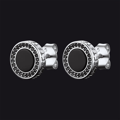 Viking Rune Black Onyx Stud Earrings in Sterling Silver for
