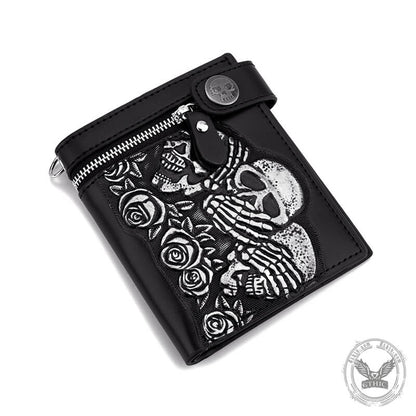 Gothic Rose Skull Bifold Leather Chain Wallet