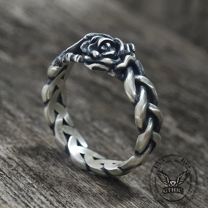 Gothic Skull Hand Holding Rose Sterling Silver Ring