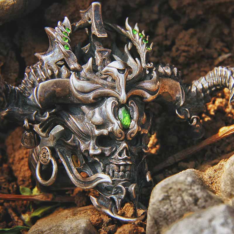 Imperial Horned Skull Gemstone Sterling Silver Ring